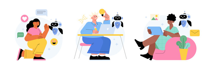 Illustration of diverse people interacting with AI robots