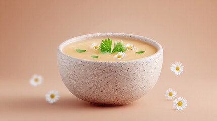 A bowl of soup with a bunch of flowers on top of it