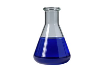Glass laboratory flask with blue liquid on black background science chemical
