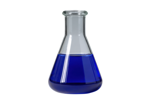 Glass laboratory flask with blue liquid on black background science chemical