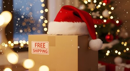 Festive holiday shopping parcel with santa hat and free shipping label, christmas tree background