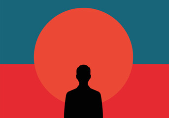 Silhouette of person against large red circle and colorful geometric background