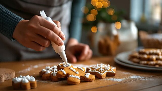 Hands holding piping bag decorating gingerbread man with white icing Christmas cookie artistry holiday baking tradition detailed frosting work wooden table surface baking