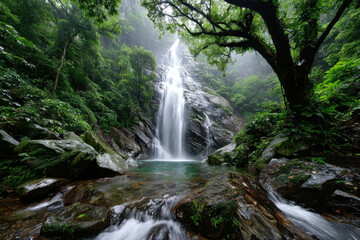 Obraz premium Misty Waterfall Cascades into a Tranquil Forest Pool