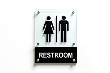 Restroom sign featuring a frosted glass with a black female figure and a black male figure symbol and white texts 'RESTROOM' on a black horizontal plaque at bottom mounted on white wall