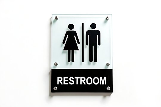 Restroom sign featuring a frosted glass with a black female figure and a black male figure symbol and white texts 'RESTROOM' on a black horizontal plaque at bottom mounted on white wall