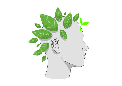 Silhouette head with green leaves symbolizing eco-friendly mindset and sustainable thinking concept
