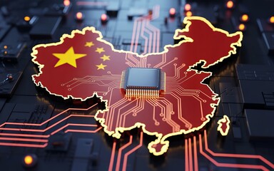 China Tech Sovereignty – Integrated Circuit Chip on Chinese Map, digital network, rare earth input