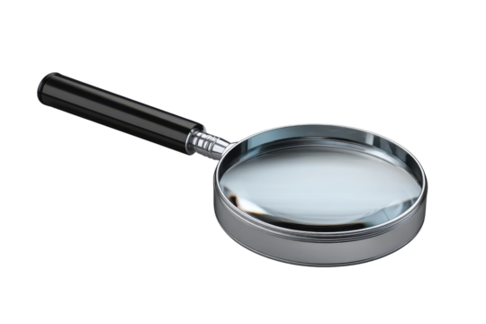 Magnifying glass with black handle and silver rim on black background lens tool