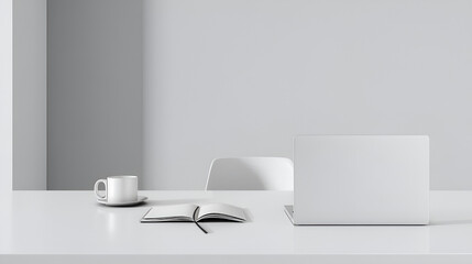 Modern Workspace with Minimalism: A clean and organized modern workspace featuring a laptop, a notebook with pencil, and a cup on a clean desk. The aesthetic setup promotes focus and creativity.
