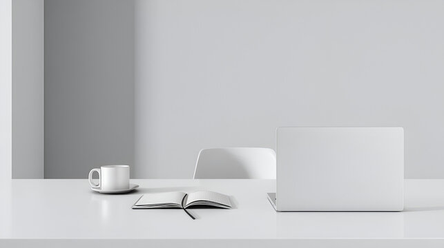 Modern Workspace with Minimalism: A clean and organized modern workspace featuring a laptop, a notebook with pencil, and a cup on a clean desk. The aesthetic setup promotes focus and creativity. 