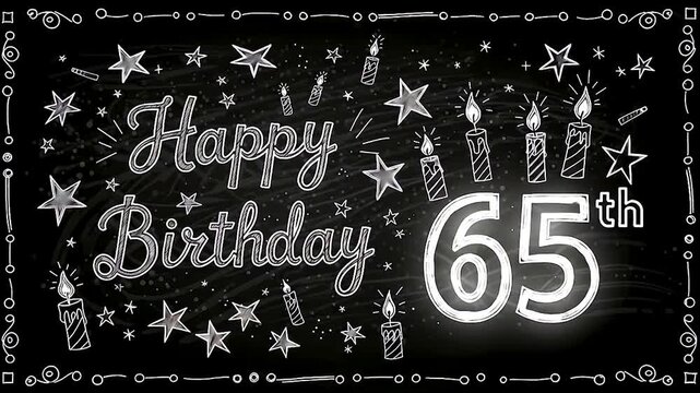 Chalkboard 65th birthday celebration with glowing candles, white script text, stars, and confetti on dark backdrop
