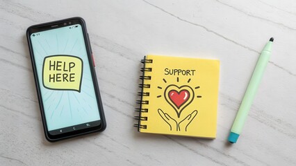 Smartphone and notebook with support heart icon displayed