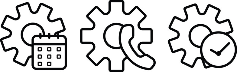 Set of Outline Cogwheel Icons. Technical Settings for Scheduling, Contact, and Time Management.