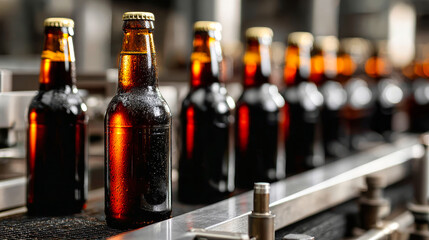Bottles of dark beer moving along a conveyor belt in a modern brewery during the production process
