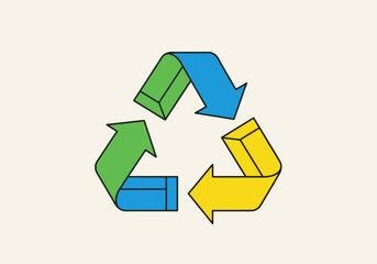 Obraz premium Colorful recycling symbol with green, blue, and yellow arrows on light background