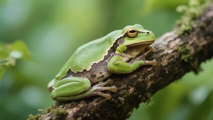 Naklejka premium A green tree frog perches on a branch, presenting a lively amphibian form and a fresh natural aesthetic atmosphere.