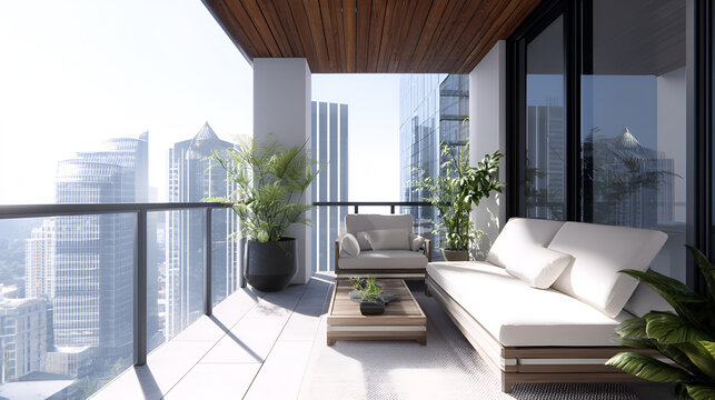 Urban Oasis: A luxurious, sun-drenched balcony, offering an expansive view of a modern cityscape, provides a tranquil setting for relaxation.