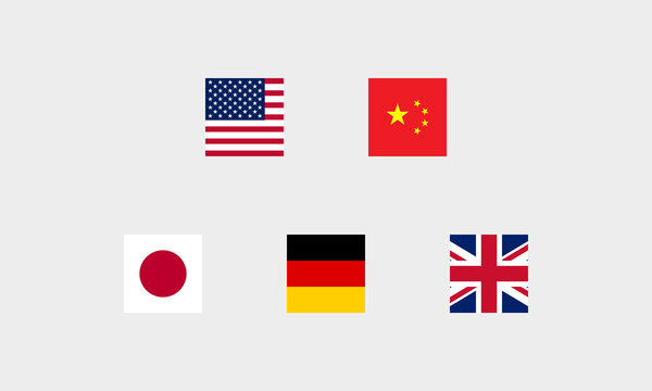 Flaggen der gr&ouml;&szlig;ten Volkswirtschaften als quadratische Icons &ndash; USA, China, Japan, Deutschland, Gro&szlig;britannien (korrekte Farbdarstellung)