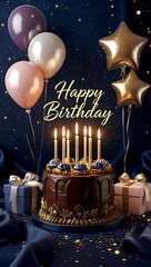 Birthday greeting featuring a decorated chocolate cake with candle lights adorned with giftboxes and metallic balloons and "Happy Birthday" text against navy blue background