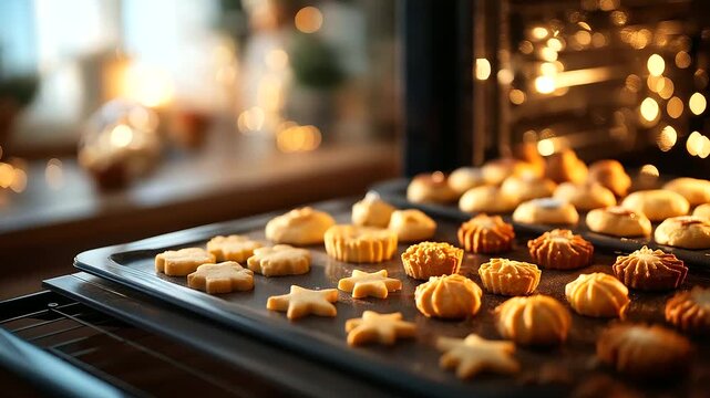 Multiple cookie sheets with different Christmas shapes baking simultaneously holiday baking production oven view various festive forms efficient baking kitchen environment def