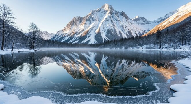Snowy mountain range reflected in a calm lake during the winter season