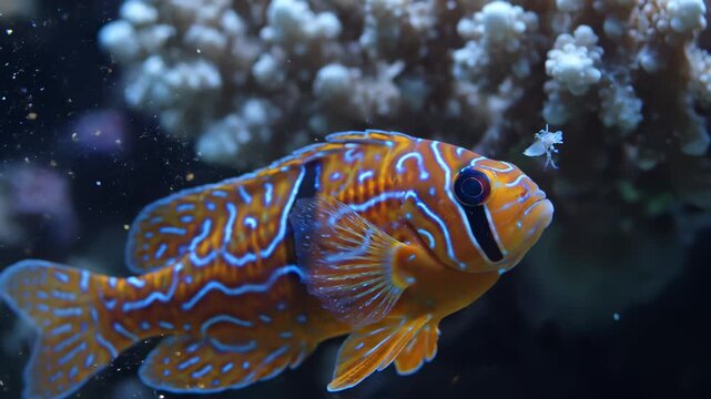 Vibrant orange fish with intricate patterns gracefully swims through coral reef, interacting with tiny shrimp, showcasing underwater life in a dynamic aquatic scene