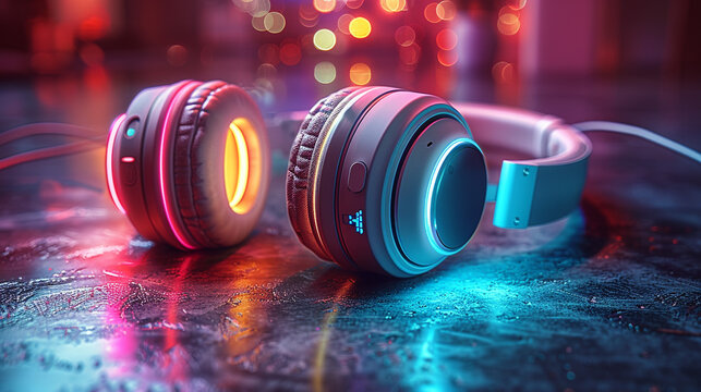 Modern futuristic headphones glowing with vibrant neon blue and red lights resting on a wooden floor, symbolizing the harmony of technology, music, innovation, and immersive sound in a stylish, contem - Powered by Adobe
