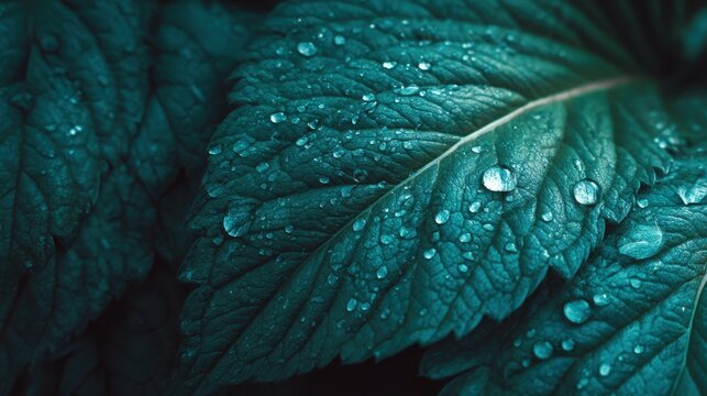Dew drops on fresh green leaves