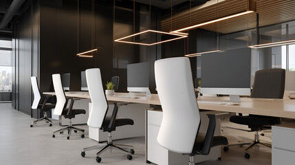Modern Office Interior: A sleek and contemporary office space, featuring minimalist design elements, desk, chair, and equipment, creating a functional and aesthetic work environment.