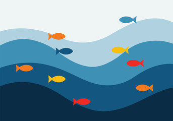Bright colorful fish swimming in abstract blue ocean waves
