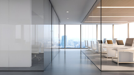 Fototapeta premium Modern Office Interior: A bright, spacious office corridor with large glass walls, offering a clean, contemporary aesthetic. The natural light floods the open space.