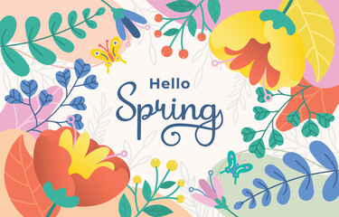 Hello Spring floral vector illustration colorful flat design with flowers and butterflies seasonal g