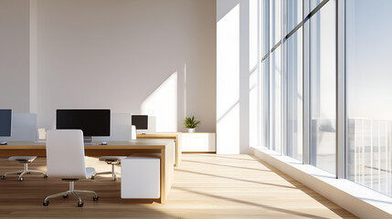 Fototapeta premium Modern Office Interior with Natural Light: A sun-drenched modern office, featuring sleek desks, ergonomic chairs, and large windows that flood the space with natural light.