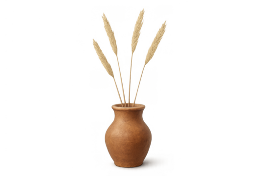 Dried wheat stalks in a rustic clay pot, natural minimalist home decoration against transparent background