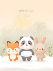 Fototapeta premium Cute Animal Characters Celebrating Happy New Year with Fireworks