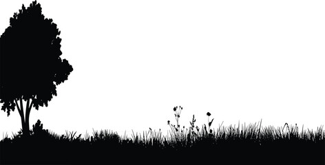 Black silhouette landscape with big tree and tall grass field, isolated on white background, vector illustration of summer nature meadow © Ponkaj Creatives