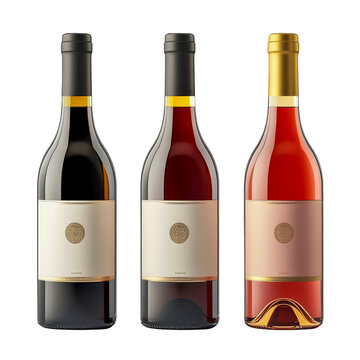 Sortiment an verschiedenen Weinen in Flaschen, Wei&szlig;wein, Rotwein, Rosewein, freigestellt vor transparentem Hintergrund, Generative AI