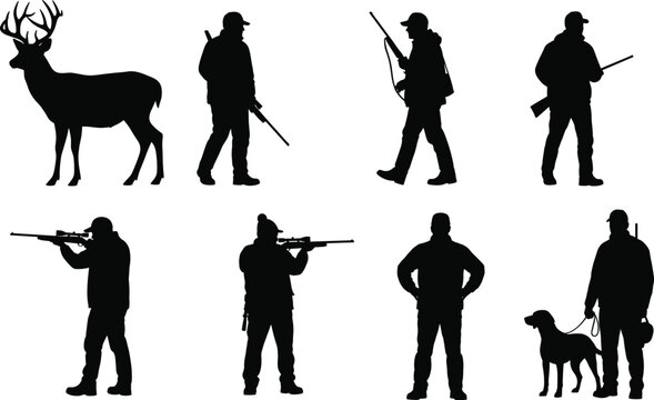 Hunting silhouettes, deer and hunter poses, rifle aiming figures, outdoor activity icons, black vector set, wildlife tracking illustration bundle