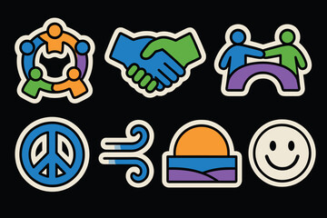 Colorful community icons: teamwork, unity, and peace symbols