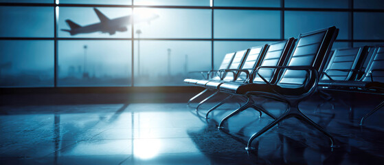 Quiet moment in a waiting room as an airplane flies in the distance during early morning light