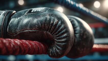 Worn Boxing Gloves Resting on Ropes Reflecting the Grit and Determination of the Sport of Boxing Training