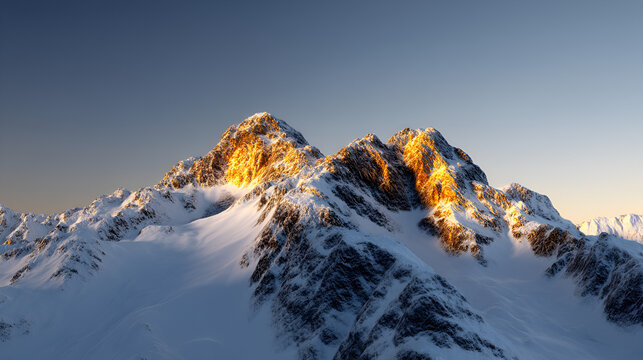 Majestic Mountain Peaks: Illuminated by the soft glow of dawn or dusk, snow-covered mountain peaks stand tall against a clear, azure sky, evoking a sense of tranquility.