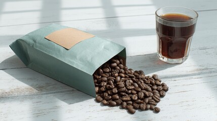Aromatic Coffee Beans Spill From Package Near Glass of Fresh Brew on Whitewashed Wooden Table in Sunny Still Life