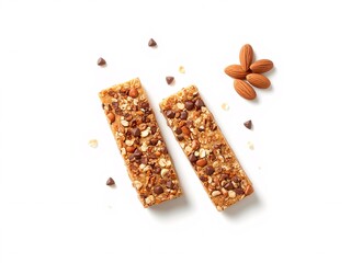 Two rectangular nut and chocolate chip granola bars with whole almonds scattered on a white background