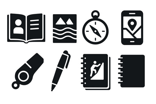Adventure essentials icons: camping, navigation, and writing tools in bold silhouette style