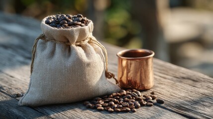 Rustic Coffee Still Life Burlap Sack Full of Beans Alongside Copper Mug on Weathered Wood Surface