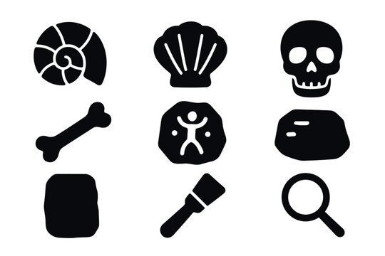 Silhouette fossil and archaeology icons set with shells and tools