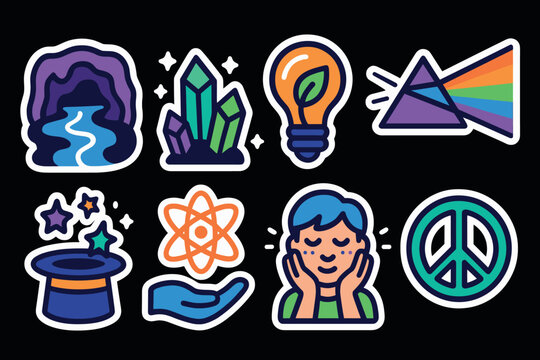 Colorful icons set featuring nature, science, and peace themes in a modern flat style
