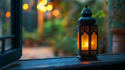 Intricate Lantern Radiating Warmth on a Rustic Blue Windowsill with Bokeh Lights Casting a Serene Evening Ambiance